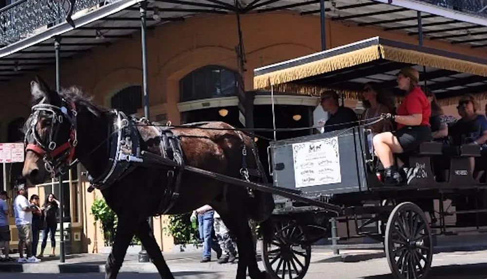 A horse-drawn carriage carries several passengers through a sunny urban street