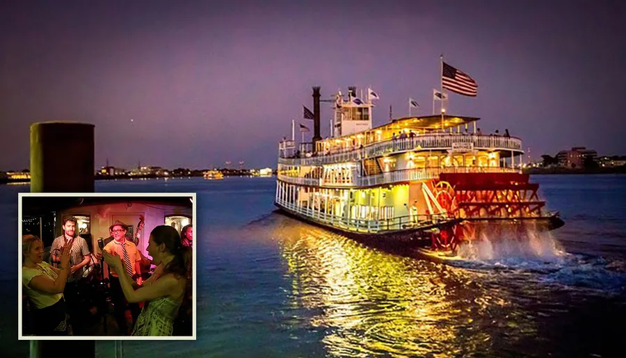 A paddle wheel riverboat is illuminated at night, cruising on calm waters with a cityscape in the distance.