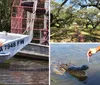 The collage features various outdoor scenes involving alligators an airboat tour a rustic cabin and an oak-lined path suggesting elements of a swamp or wetland adventure experience