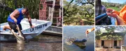 The collage features various outdoor scenes involving alligators, an airboat tour, a rustic cabin, and an oak-lined path, suggesting elements of a swamp or wetland adventure experience.