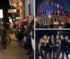 A group of people is attentively listening to a guide during an evening walking tour on a city street