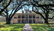 An elegant historic mansion framed by large oak trees stands at the end of a long, straight pathway adorned with greenery.