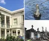 The image is a collage showcasing different aspects of New Orleans including its historic architecture a swamp tour with an alligator a shuttle tour service a cemetery with distinctive above-ground tombs and the iconic St Louis Cathedral at Jackson Square