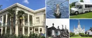 The image is a collage showcasing different aspects of New Orleans, including its historic architecture, a swamp tour with an alligator, a shuttle tour service, a cemetery with distinctive above-ground tombs, and the iconic St. Louis Cathedral at Jackson Square.
