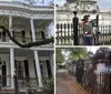 The image is a collage of four photos showcasing different scenes that include historic homes with balconies a man standing by a wrought-iron gate and a group of people on a walking tour potentially reflecting aspects of culture and history in a certain locale