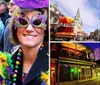 Two people are smiling for the camera wearing festive Mardi Gras attire including colorful beads and masks