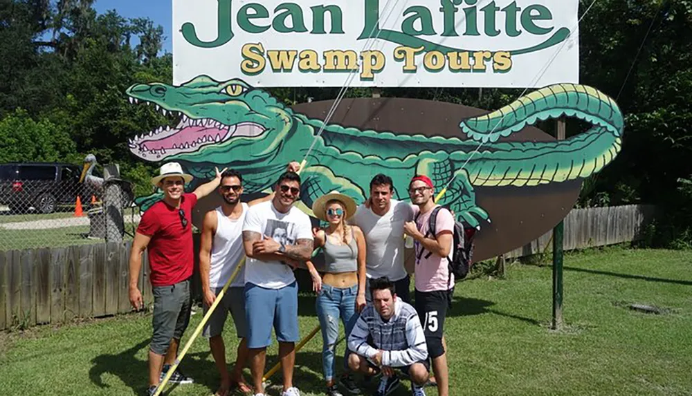 A group of people is posing with smiles in front of the Jean Lafitte Swamp Tours sign featuring a large cartoon alligator