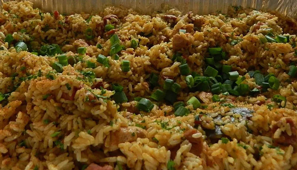 This image features a close-up of a seasoned rice dish garnished with chopped green onions