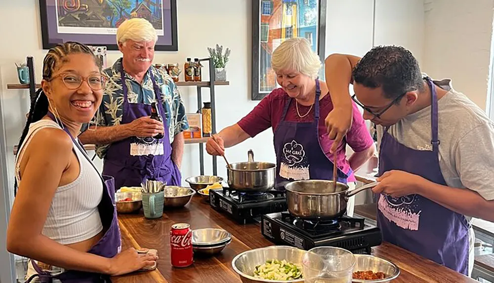 Four people are happily engaged in a cooking class wearing purple aprons and preparing food on a kitchen countertop