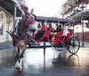 A horse adorned with red festive decorations pulls a carriage with passengers through a historic street setting