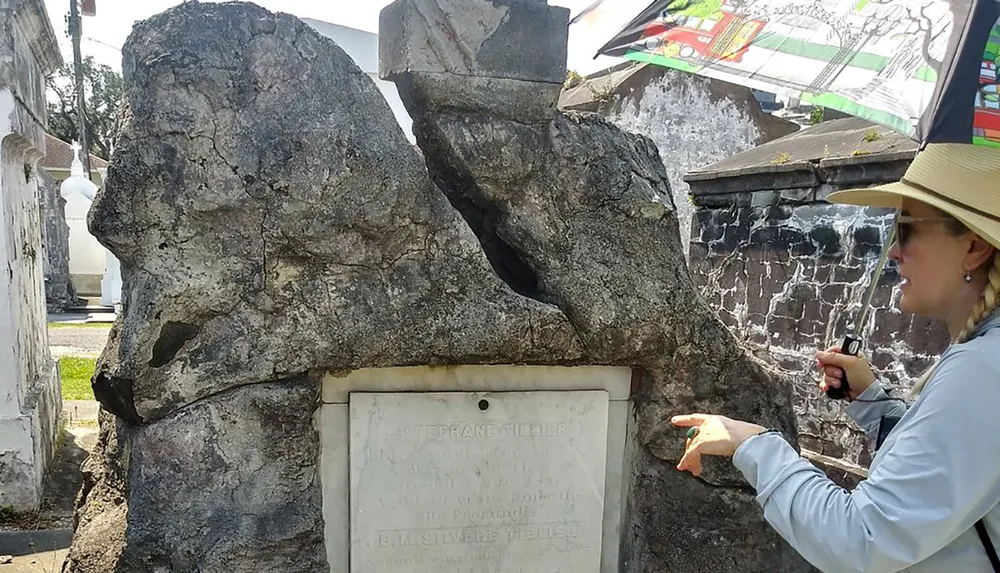 A person wearing a hat is pointing at a plaque mounted on a weathered rock or monument under bright sunlight