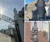 The image shows an ornate entrance gate to Saint Roch Campo Santo cemetery with statues on either side and a sunlit path leading into the burial grounds