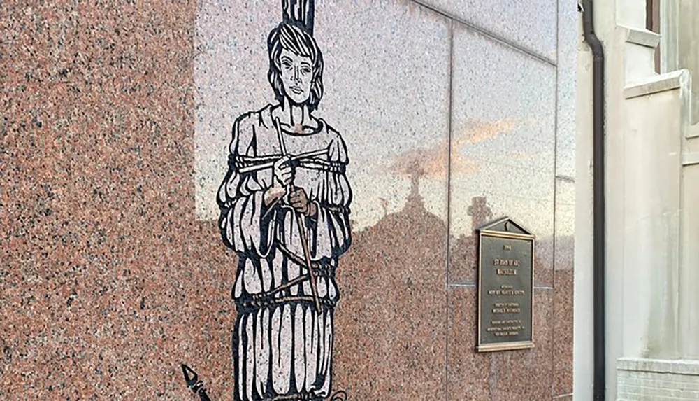 The image shows a wall with a black-and-white illustration of a figure resembling a woman holding a flag next to a commemorative plaque