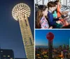 The image shows a view from a tower overlooking a cityscape at sunset with a telescope in the foreground and an inset image of a tower illuminated at night