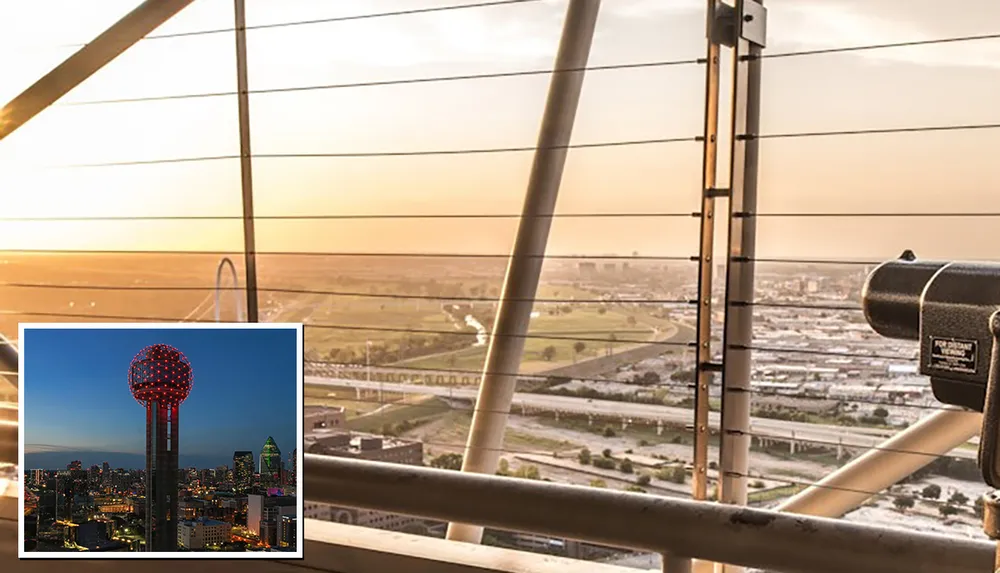 The image shows a view from a tower overlooking a cityscape at sunset with a telescope in the foreground and an inset image of a tower illuminated at night