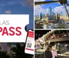 The image shows an advertisement for a Dallas CityPASS with a backdrop of the Dallas skyline and a smartphone displaying a CityPASS ticket with a QR code