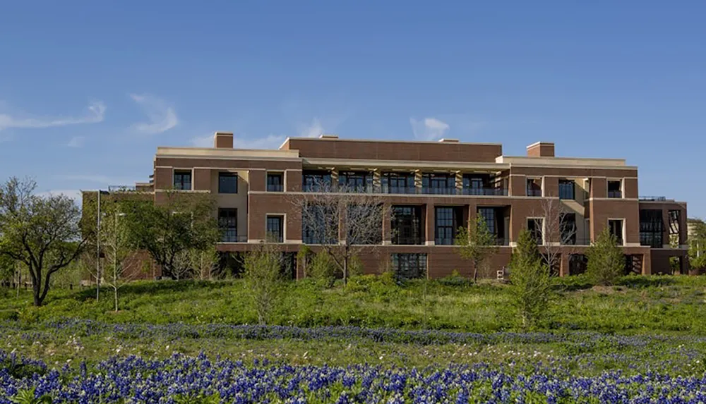 A modern multi-story brick building sits behind a field of bluebonnets under a clear blue sky