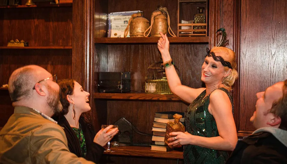 A group of cheerful people dressed in vintage attire are interacting in a cozy wood-paneled room evoking a sense of a bygone era