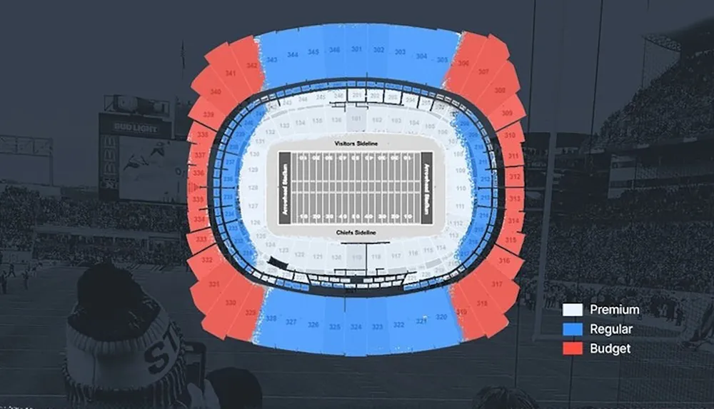 The image superimposes a color-coded seating chart indicating premium regular and budget sections over a blurred background of a stadium filled with fans