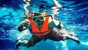 A person is giving a thumbs-up while snorkeling underwater.