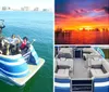 The image is a collage showing a group of people enjoying a pontoon boat ride a fiery sunset over water another group of people on a beach and the interior seating of a pontoon boat as well as a peaceful sunset with a pier in the distance