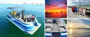 The image is a collage showing a group of people enjoying a pontoon boat ride, a fiery sunset over water, another group of people on a beach, and the interior seating of a pontoon boat, as well as a peaceful sunset with a pier in the distance.