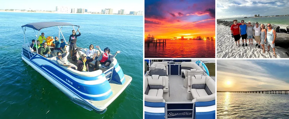 The image is a collage showing a group of people enjoying a pontoon boat ride a fiery sunset over water another group of people on a beach and the interior seating of a pontoon boat as well as a peaceful sunset with a pier in the distance