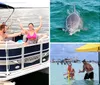 A group of people express joy while cruising on a pontoon boat