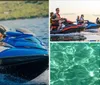 Three people an adult and two children are having fun riding a blue jet ski on a sunny day