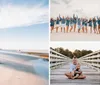 The image is a collage of five different beach-themed photos featuring various people engaging in activities such as hugging jumping joyfully and walking on a pier