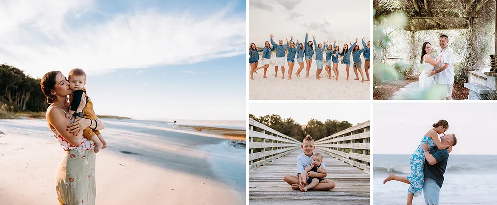 The image is a collage of five different beach-themed photos featuring various people engaging in activities such as hugging jumping joyfully and walking on a pier