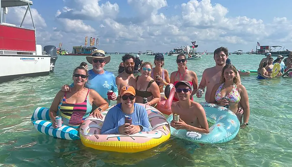 A group of people is happily floating on colorful inflatable rings in the sea with boats in the background on a sunny day