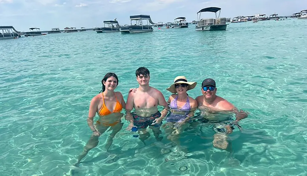 Four people are smiling and posing for a photo while standing in clear shallow water with boats visible in the background