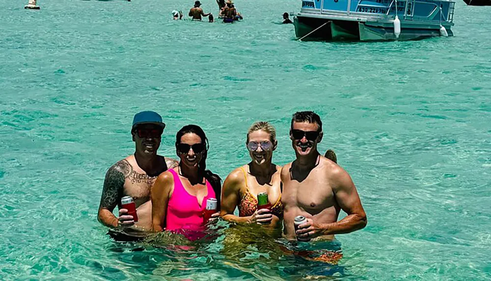 Two couples are standing in clear blue water holding drinks and smiling for the camera with a boat and other people in the background