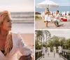 The image is a collage of six beach-themed photos including scenes of a woman with an American flag a marriage proposal a family portrait a surprised woman a group of bridesmaids and a couple enjoying a romantic moment