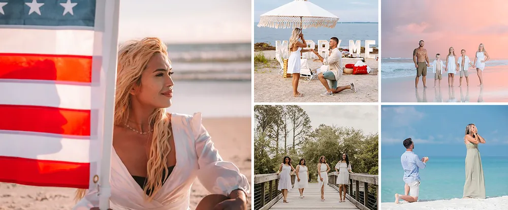 The image is a collage of six beach-themed photos including scenes of a woman with an American flag a marriage proposal a family portrait a surprised woman a group of bridesmaids and a couple enjoying a romantic moment