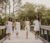 The image is a collage of six beach-themed photos including scenes of a woman with an American flag a marriage proposal a family portrait a surprised woman a group of bridesmaids and a couple enjoying a romantic moment