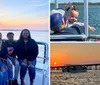 A group of five people are smiling and posing together on a boat with a beautiful sunset in the background