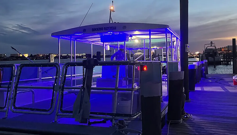 A boat named Bikini Bottom is illuminated with blue lights at a dock during twilight