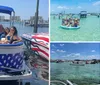 A group of smiling people is enjoying a sunny day on a boat with patriotic American flag-themed covers on the seats