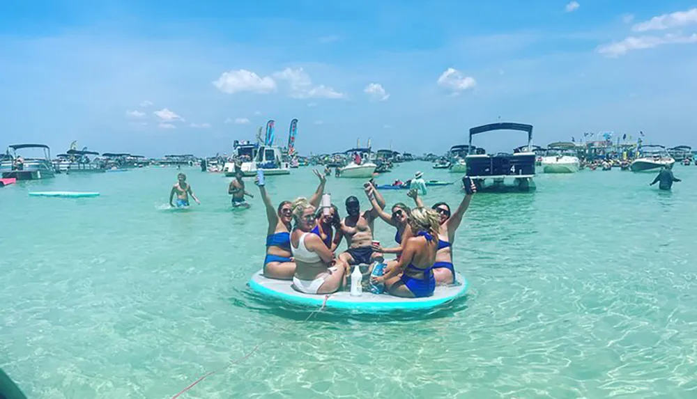 A group of people is cheerfully posing for a photo on a floating raft in the middle of a crowded turquoise-watered bay with numerous boats and people around