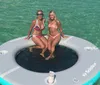 A group of smiling people is enjoying a sunny day on a boat with patriotic American flag-themed covers on the seats