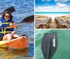 Two people are joyfully kayaking together on a sunny day both wearing life jackets and wielding paddles