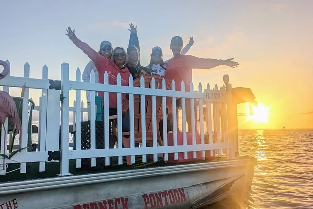 A group of smiling people in red shirts are posing behind a white fence on a boat at sunset