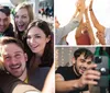 A group of cheerful young adults is taking a selfie with one of them holding the camera out in front capturing their smiling faces