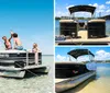 A group of young people are enjoying a sunny day on a pontoon boat waving and smiling with clear blue skies and water in the background