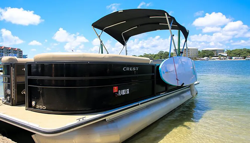 A pontoon boat equipped with a bimini top is moored near the shore under a clear blue sky