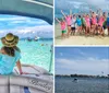 A person sits on the stern of a boat gazing at a vibrant beach scene with clear turquoise water and numerous boats and people enjoying water activities