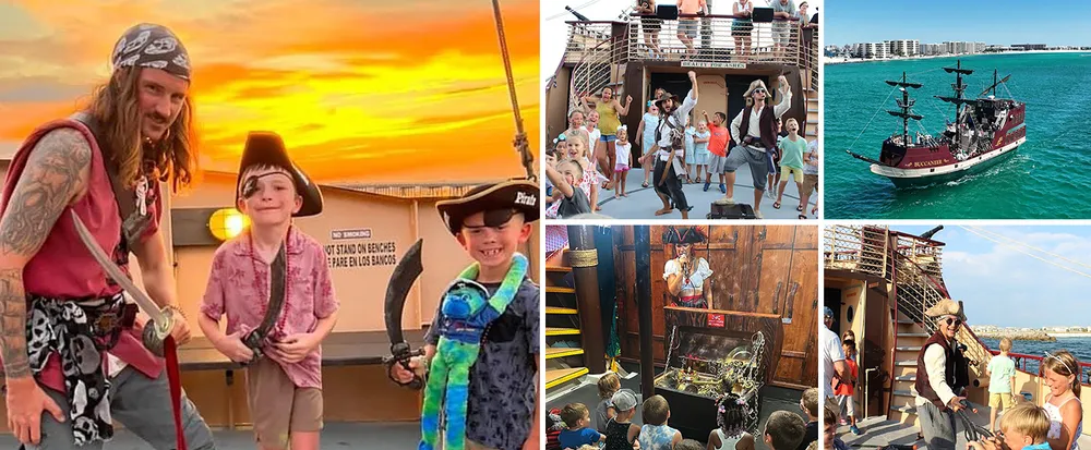 This image is a collage of various scenes centered around a pirate-themed adventure that includes an adult and child in pirate costumes people dancing on a ship deck a pirate ship sailing on the water and other festive pirate-related activities