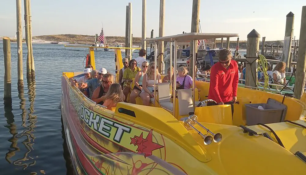 Passengers are seated in a bright yellow speedboat named ROCKET at a dock preparing for a ride